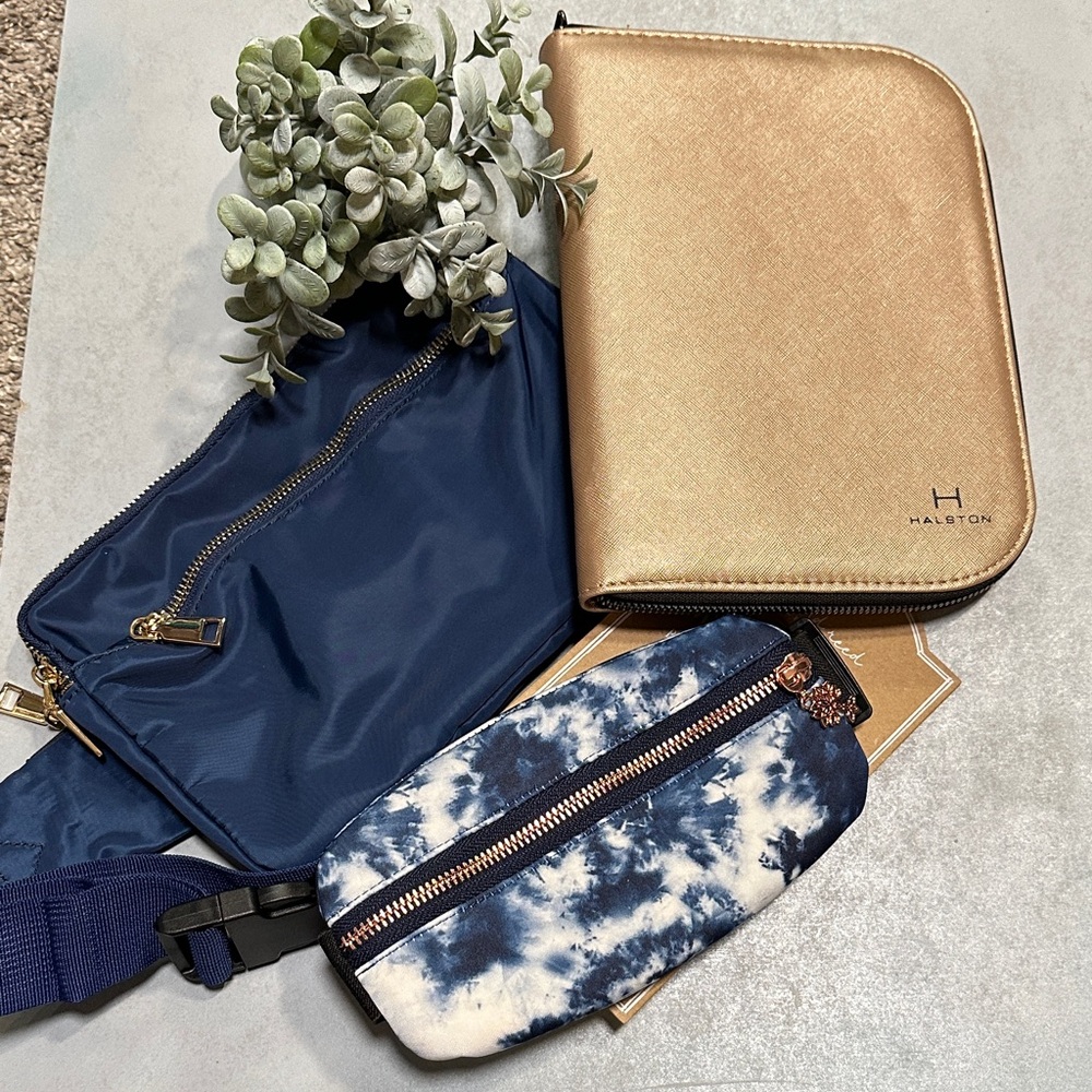 Halston Rose Gold Jewelry Organizer, Navy belt bag and SmTie-Dye Bag Bundle